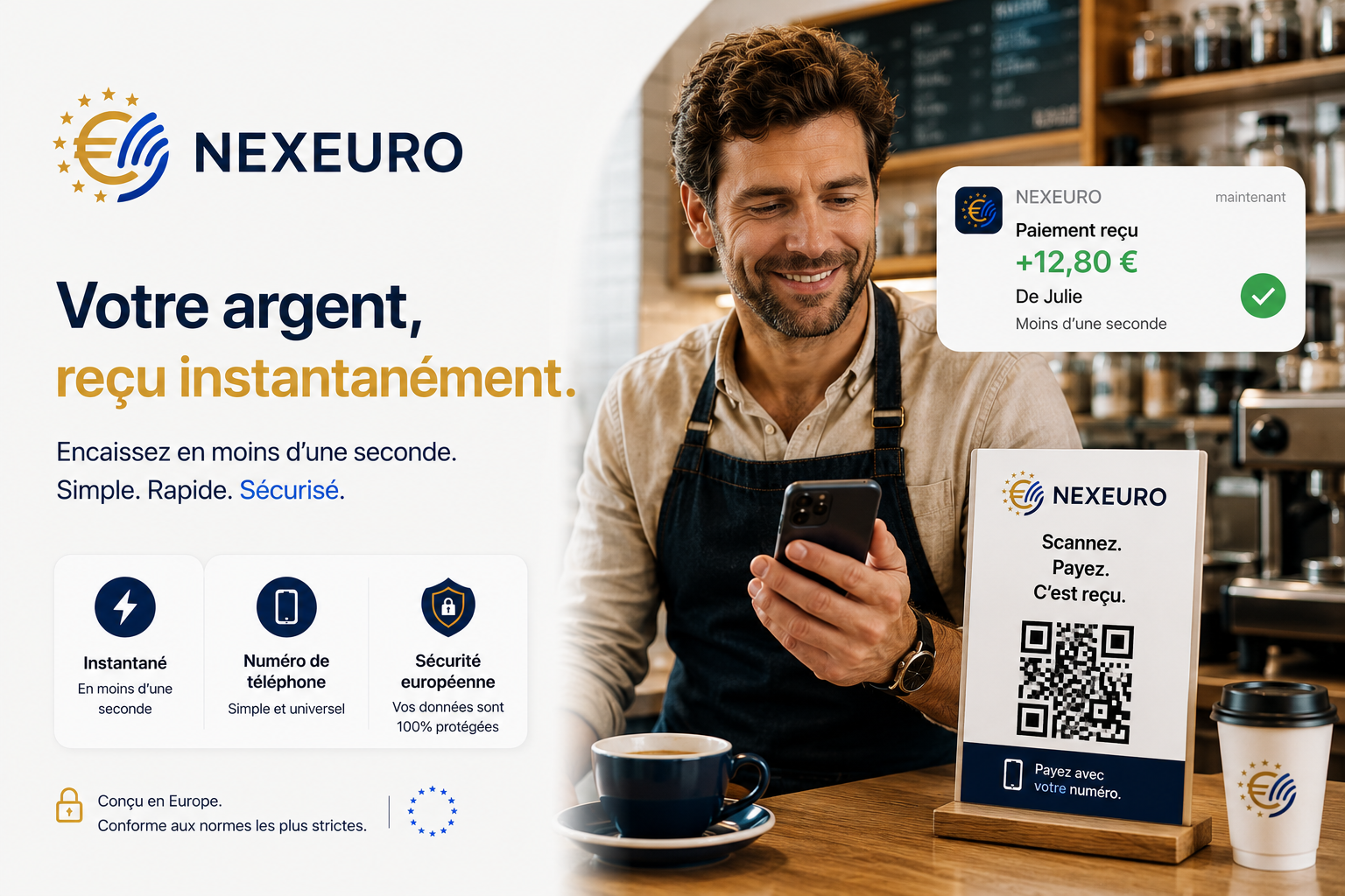 Commerçant recevant un paiement NexEuro instantané sur mobile