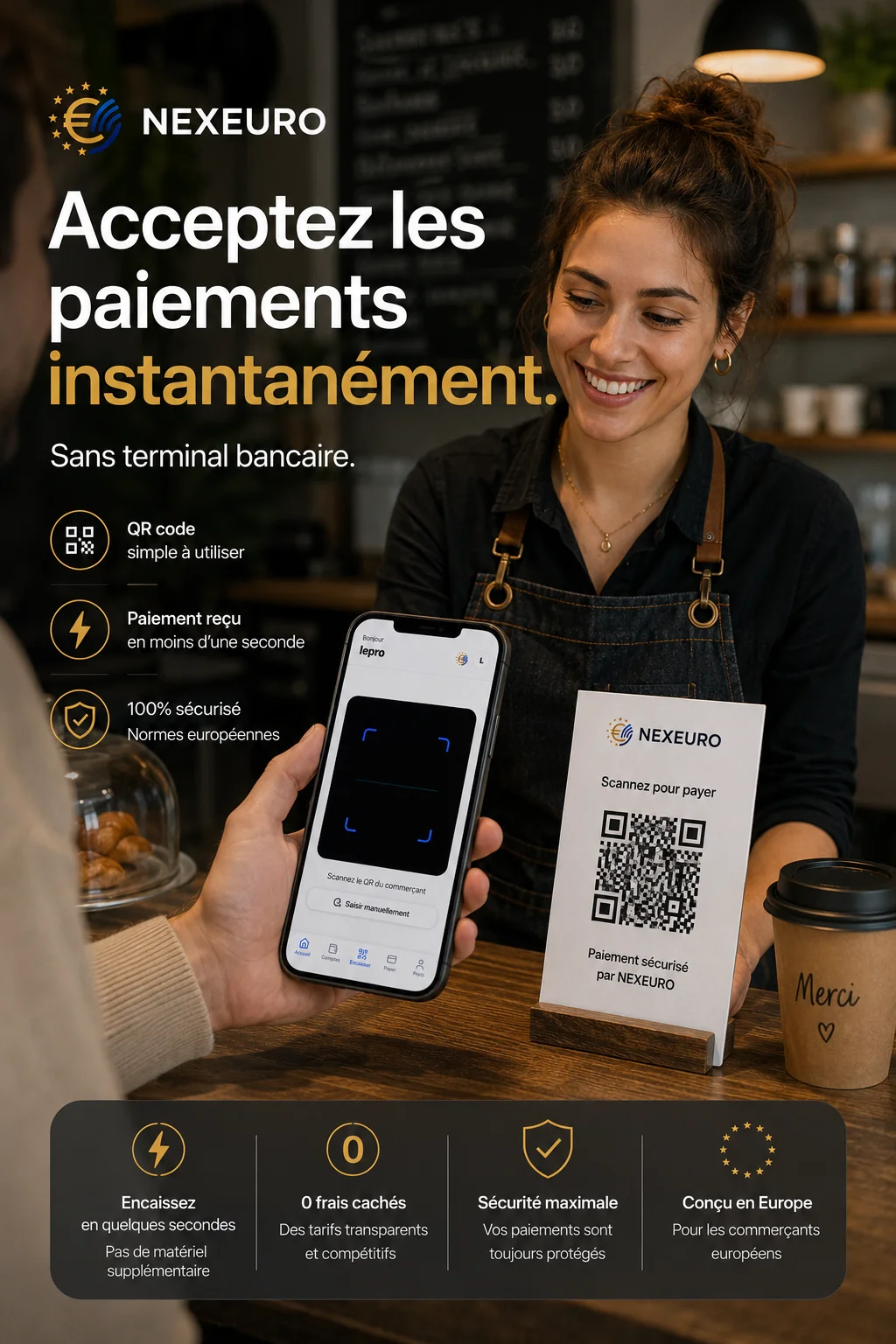 Commerçant encaissant un paiement NexEuro via QR code en moins d'une seconde