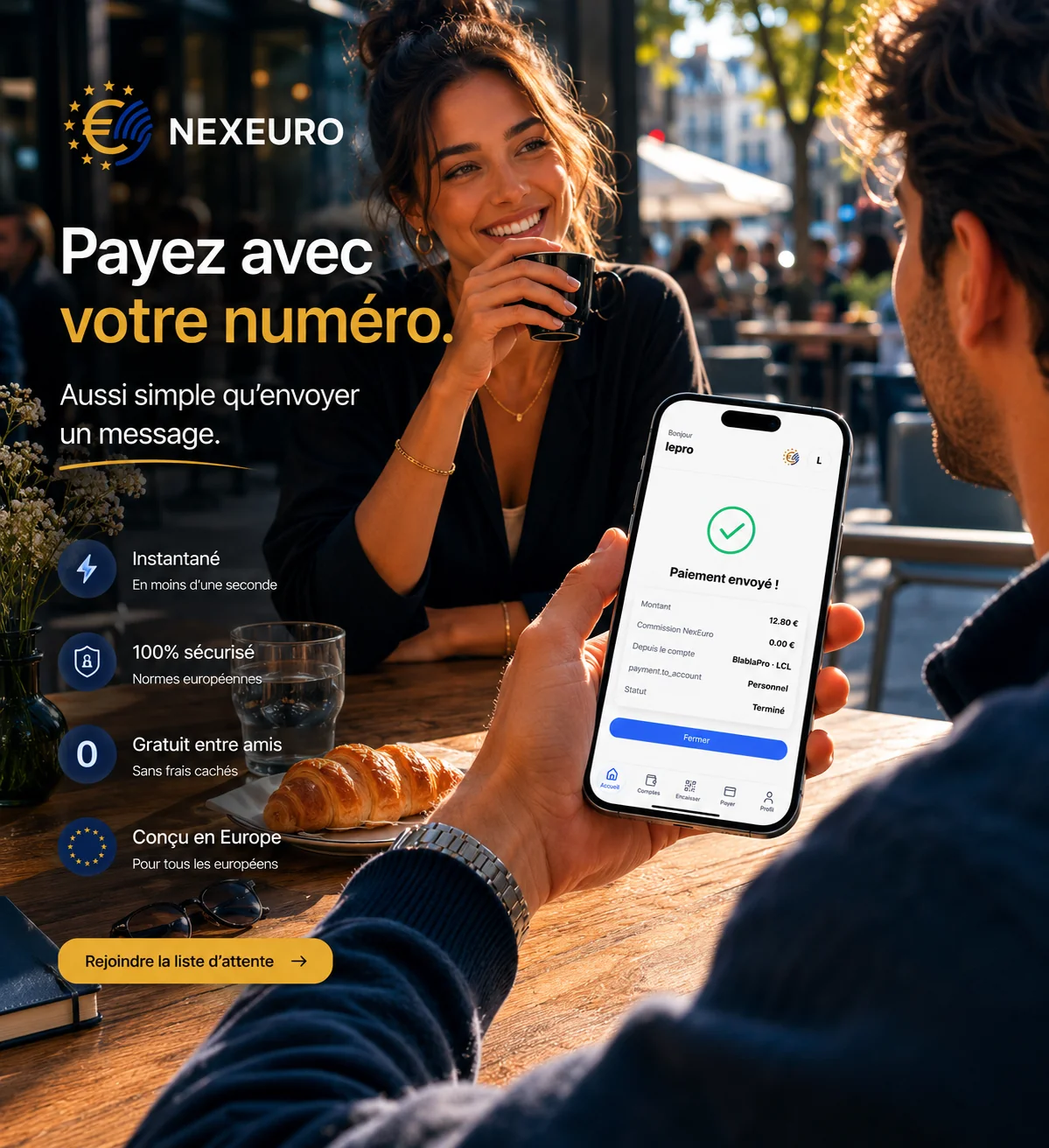 Utilisateur envoyant un paiement instantané à un ami avec NexEuro
